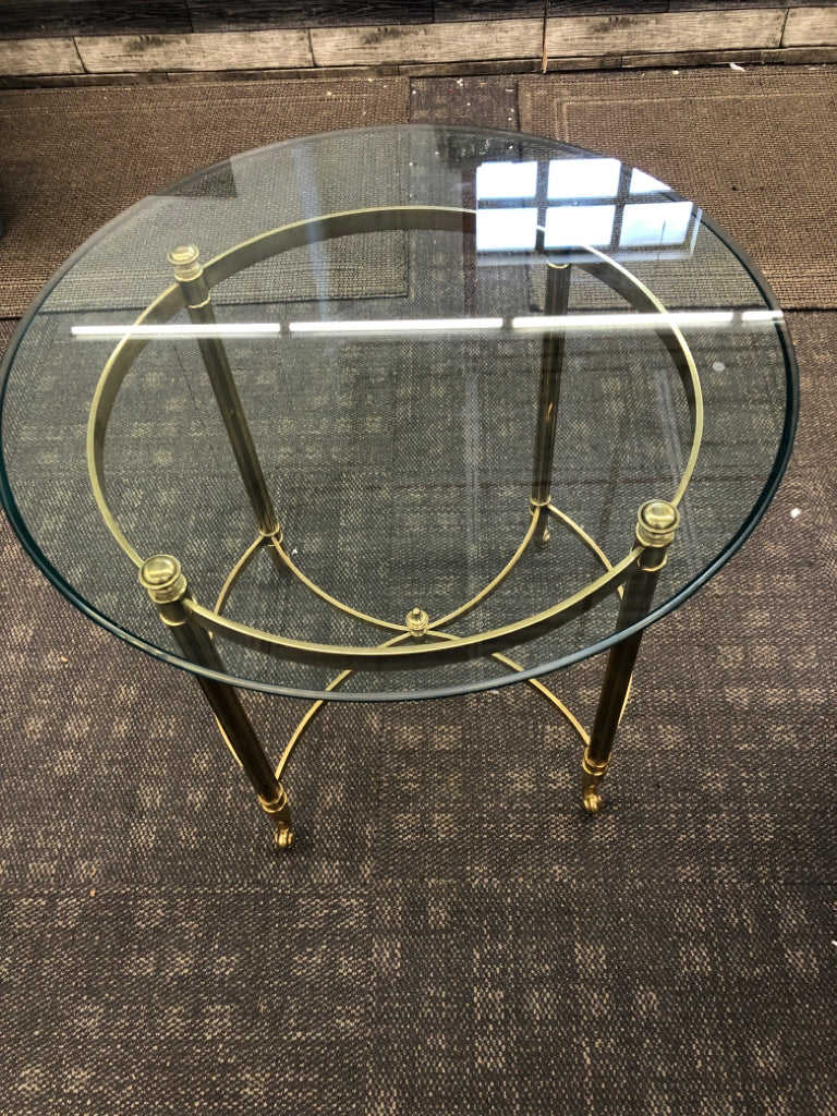 ROUND GLASS SIDE TABLE W/GOLD BASE.