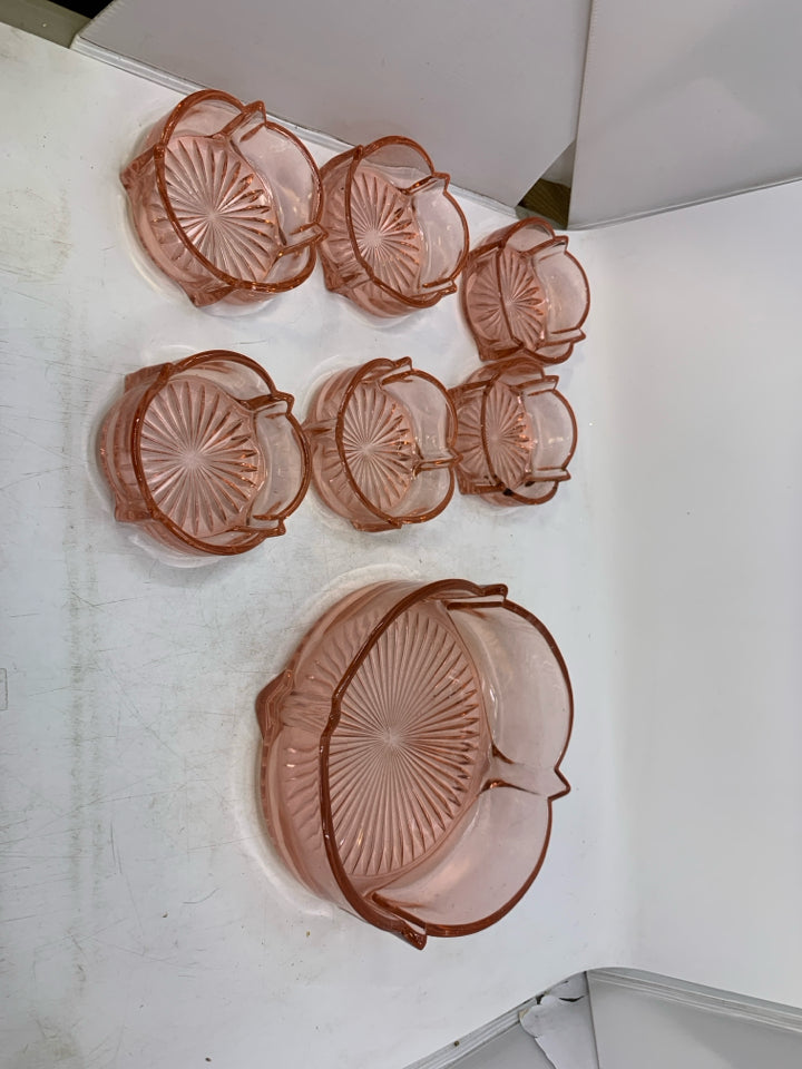 VTG 7PC PINK GLASS SERVING BOWL + IND BOWLS.