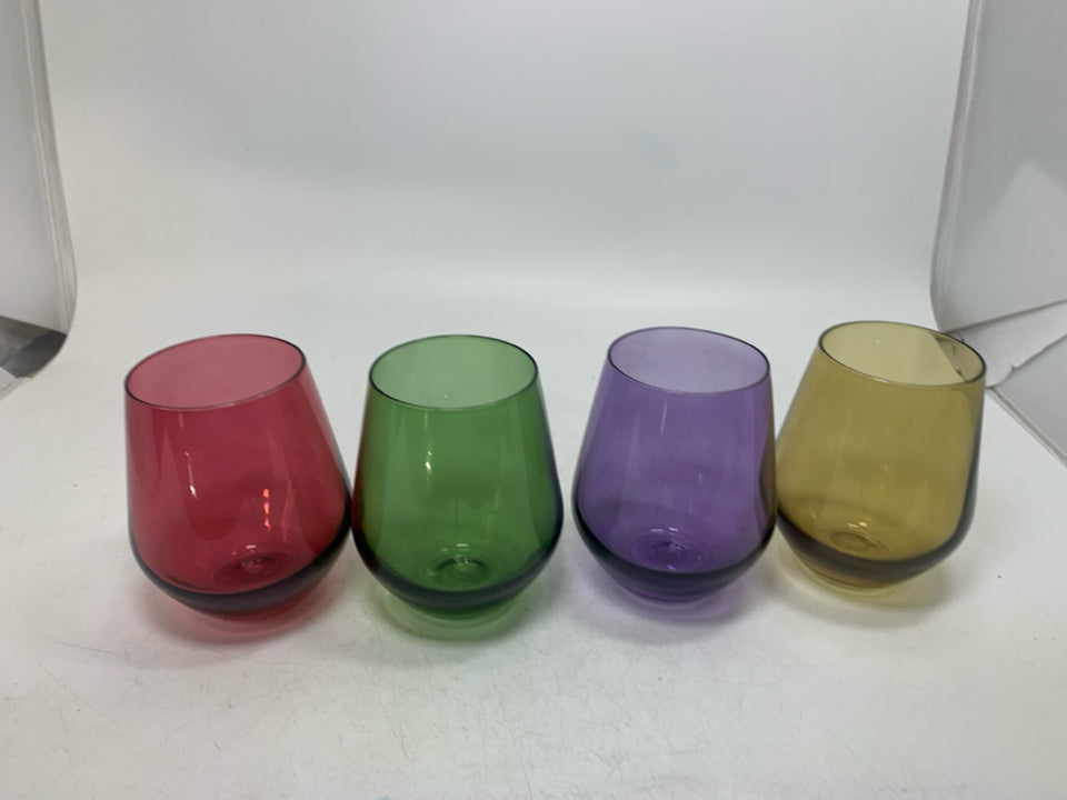4 TUSCANY HARVEST RED WINE STEMLESS GLASSES.