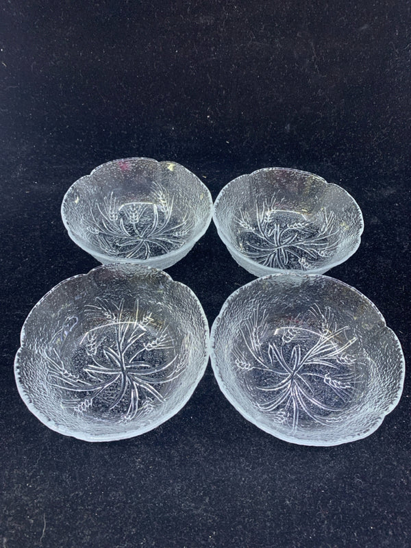 4 SMALL TEXTURED GLASS SIDE BOWLS.
