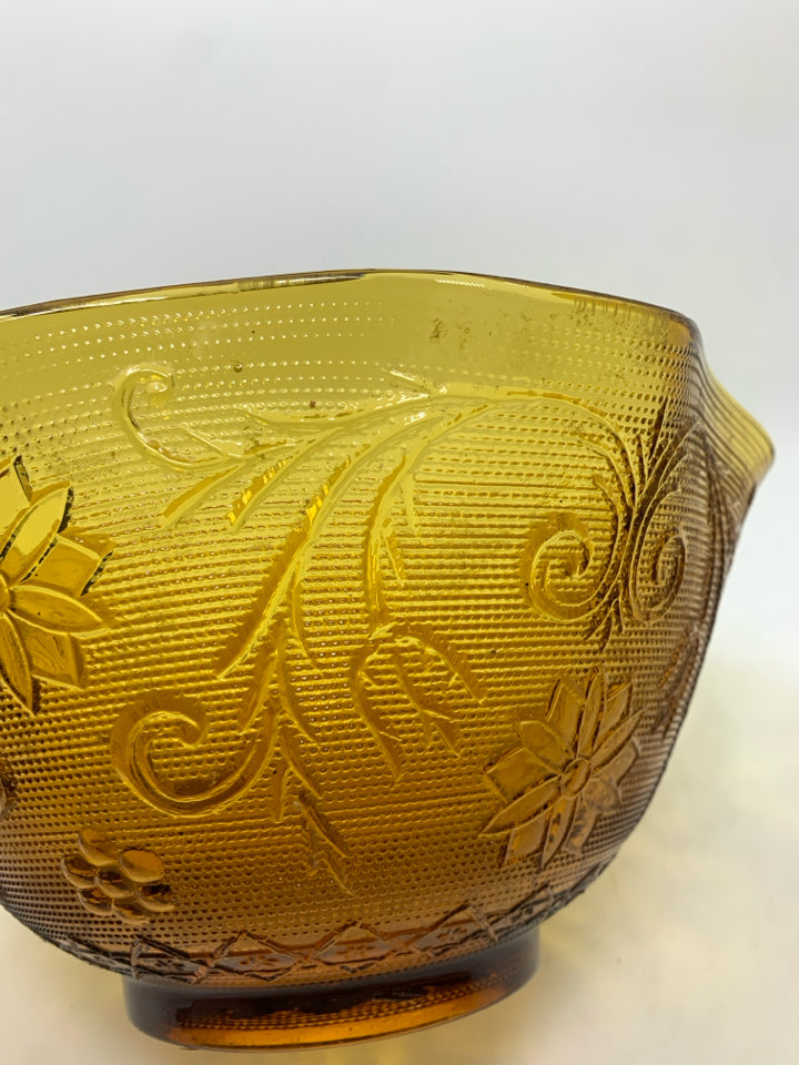 VTG AMBER GLASS BOWL W/EMBOSSED FLOWERS.