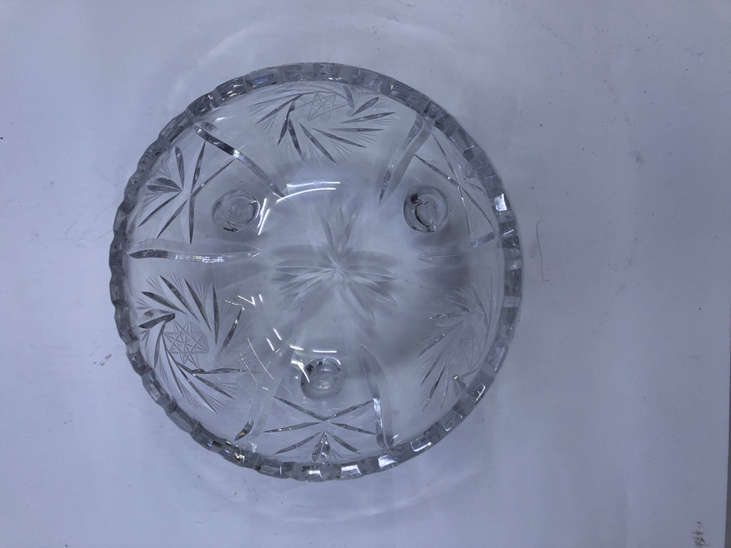FOOTED ETCHED CUT GLASS CANDY DISH.