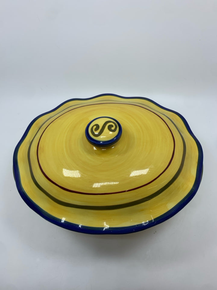 YELLOW STONEWARE BEAN POT.