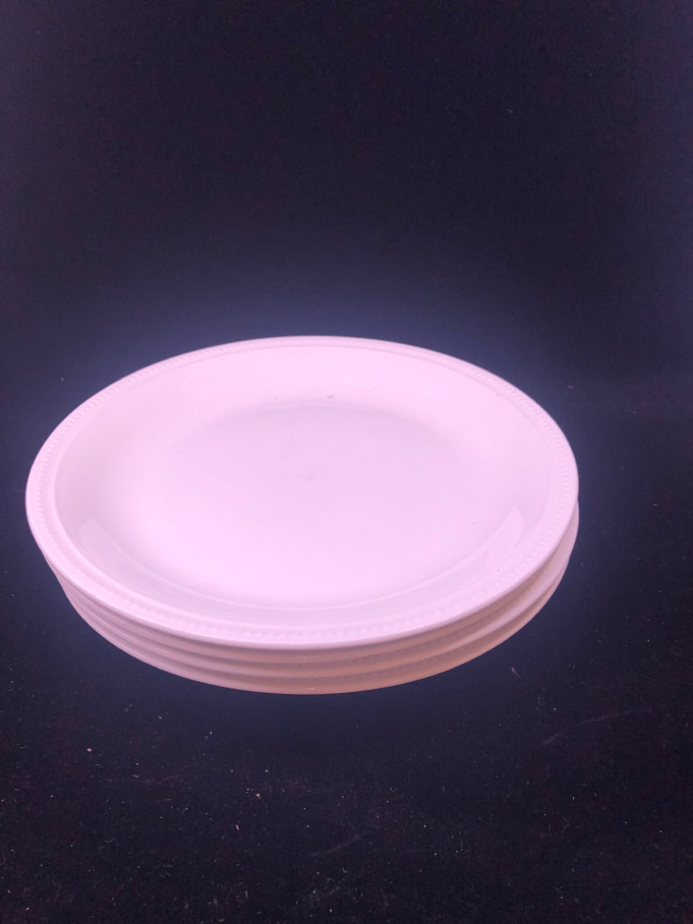 4 WHITE BEADED EDGE DINNER PLATES.