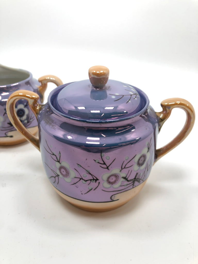 VTG BLUE & GOLD FLORAL CREAM & SUGAR SET.