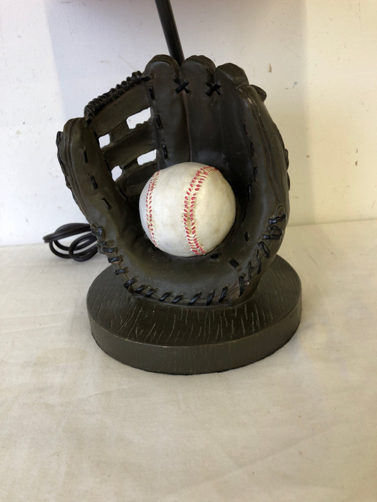 BASEBALL LAMP W RED SHADE.