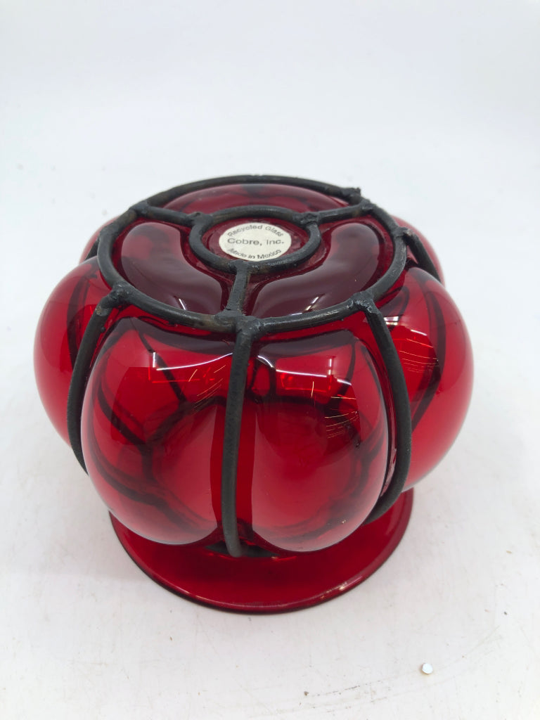 RED VASE W BLACK METAL.
