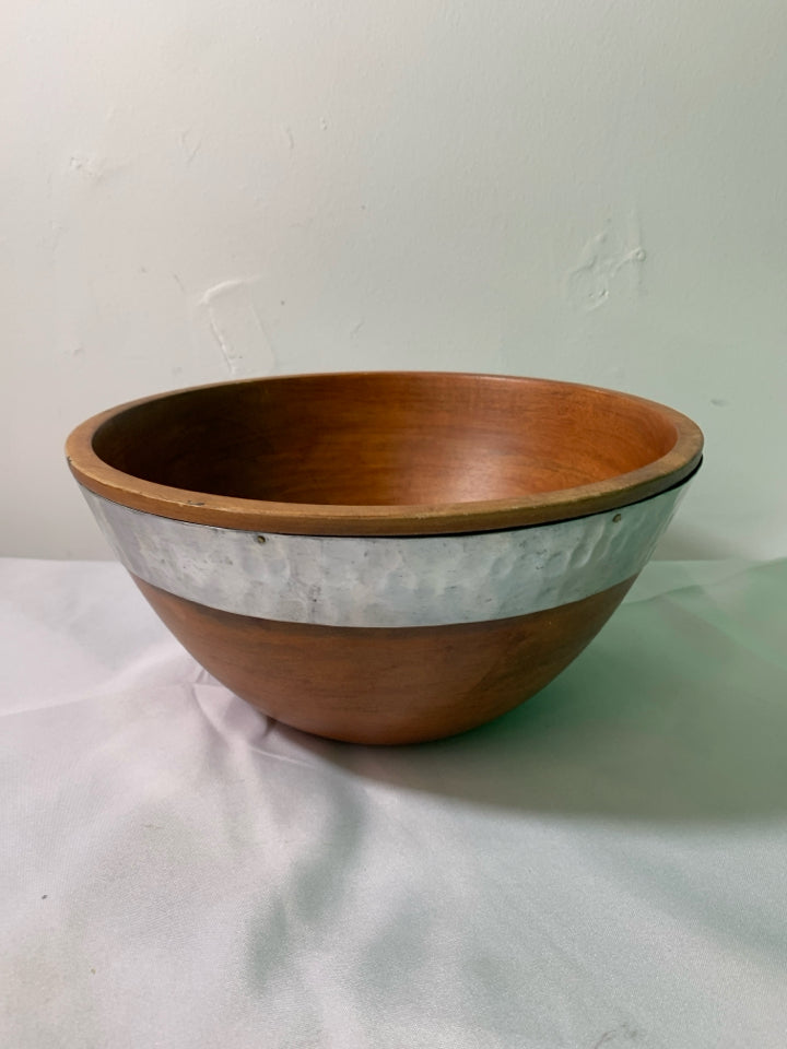 WOOD BOWL W/ METAL BAND AROUND.