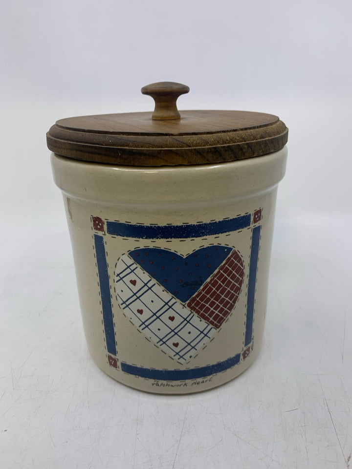 CREAM W/ PATCHWORK HEART WOOD LID.