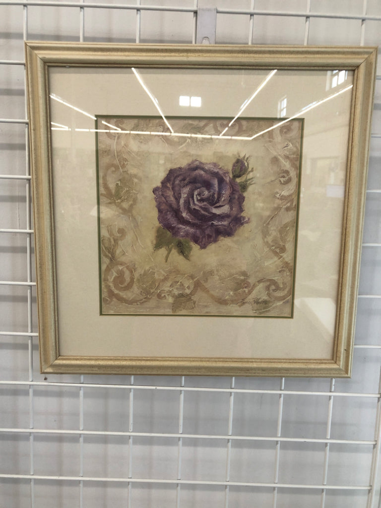 PURPLE ROSE PRINT IN CREAM WOOD FRAME.