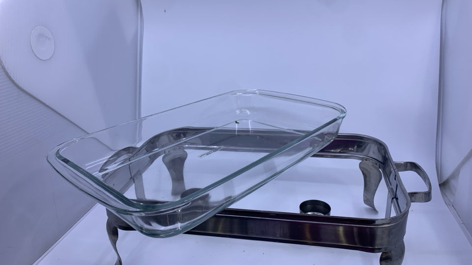 SILVER METAL RECTANGLE CHAFING DISH W GLASS INSERT AND LID.
