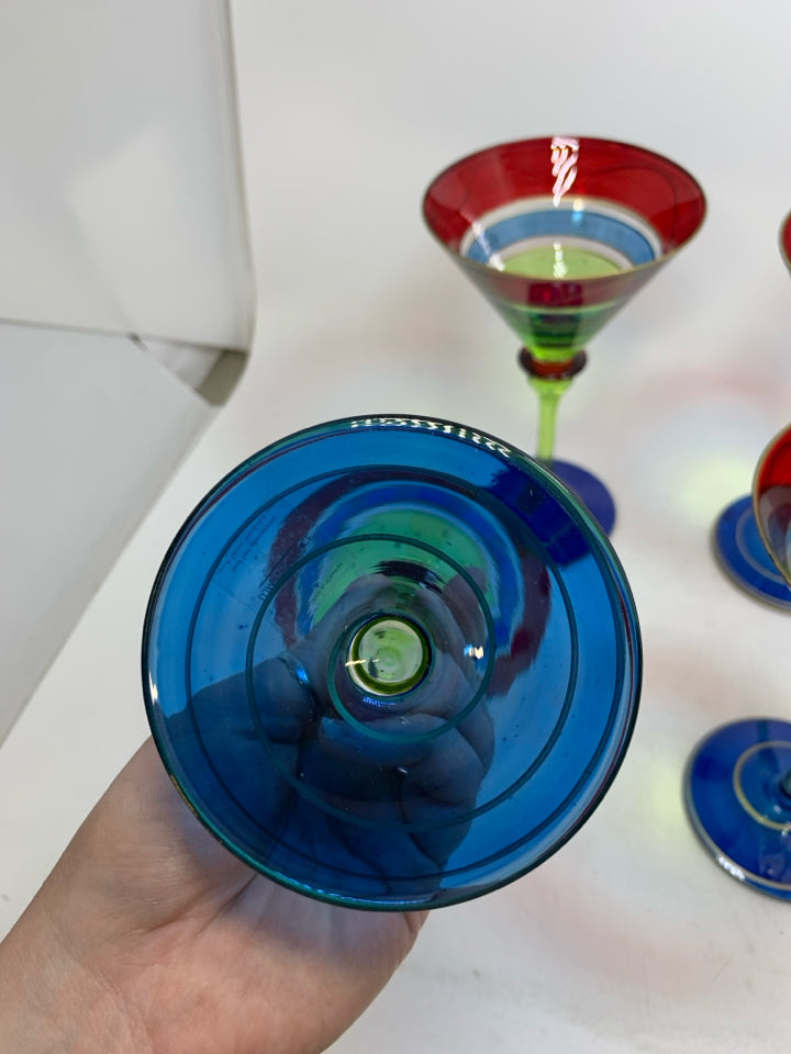4 MULTI COLORED LUMINESCENCE MARTINI GLASSES.