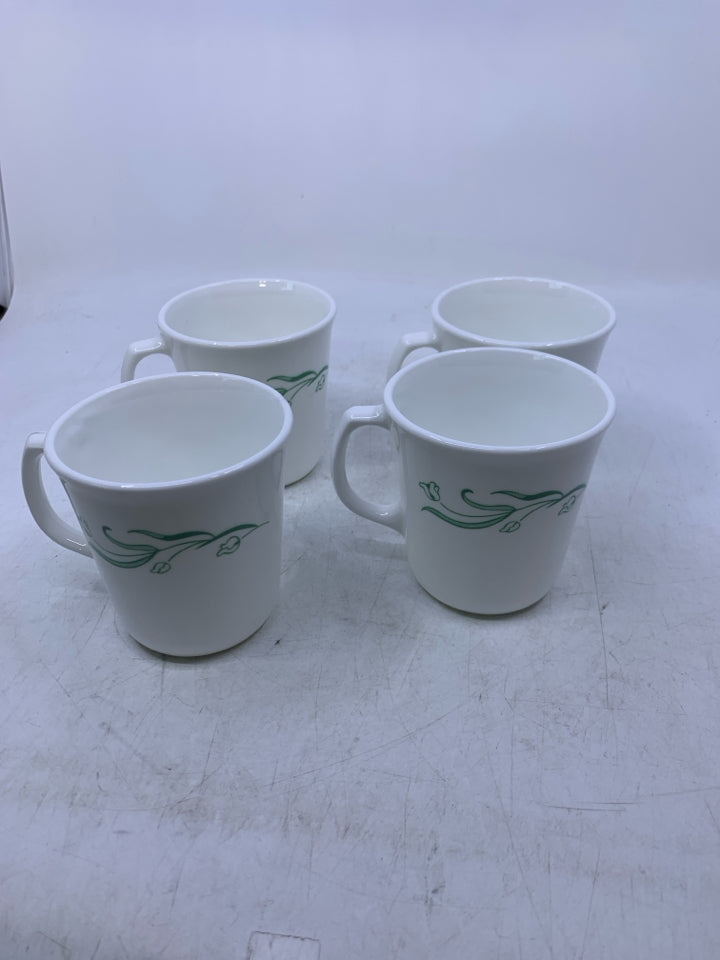 4 WHITE MUGS W/ GREEN TULIPS.
