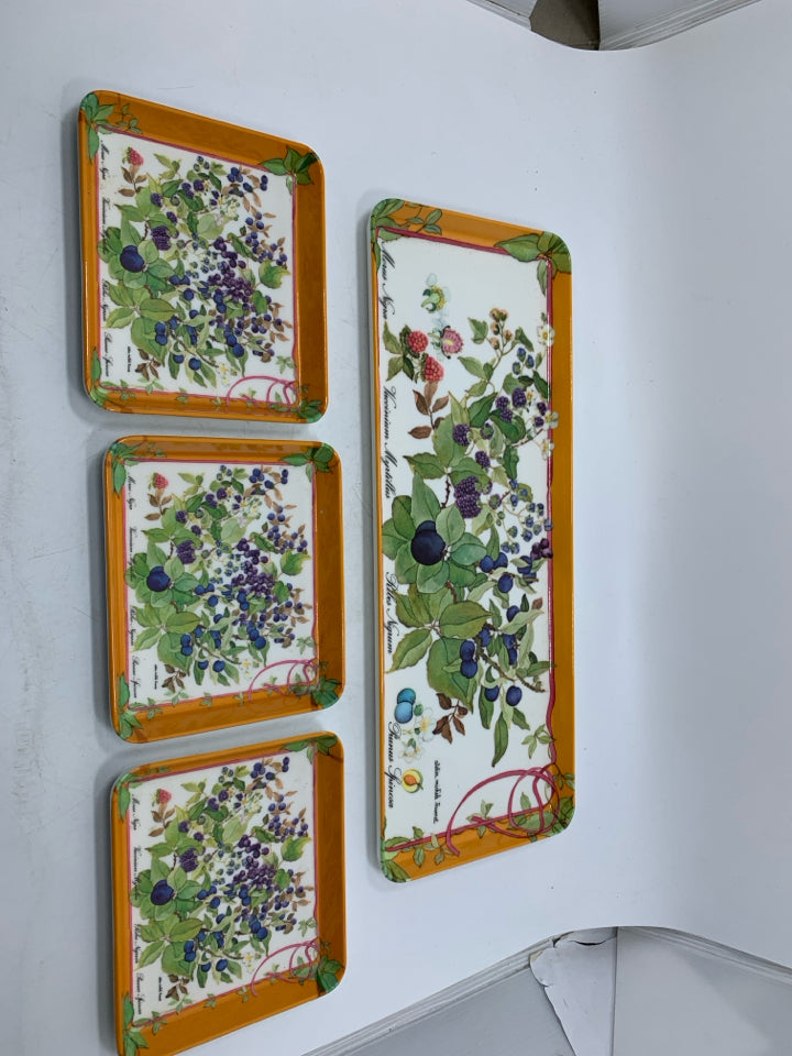 4 PC BOTANICAL BERRY THEME MELAMINE TRAY SET MICHELE TRUMEL.