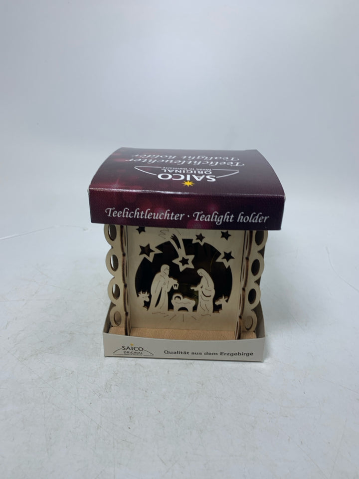 NIB SAICO WOOD MARY/JOSEPH CUTOUT TEALIGHT HOLDER.