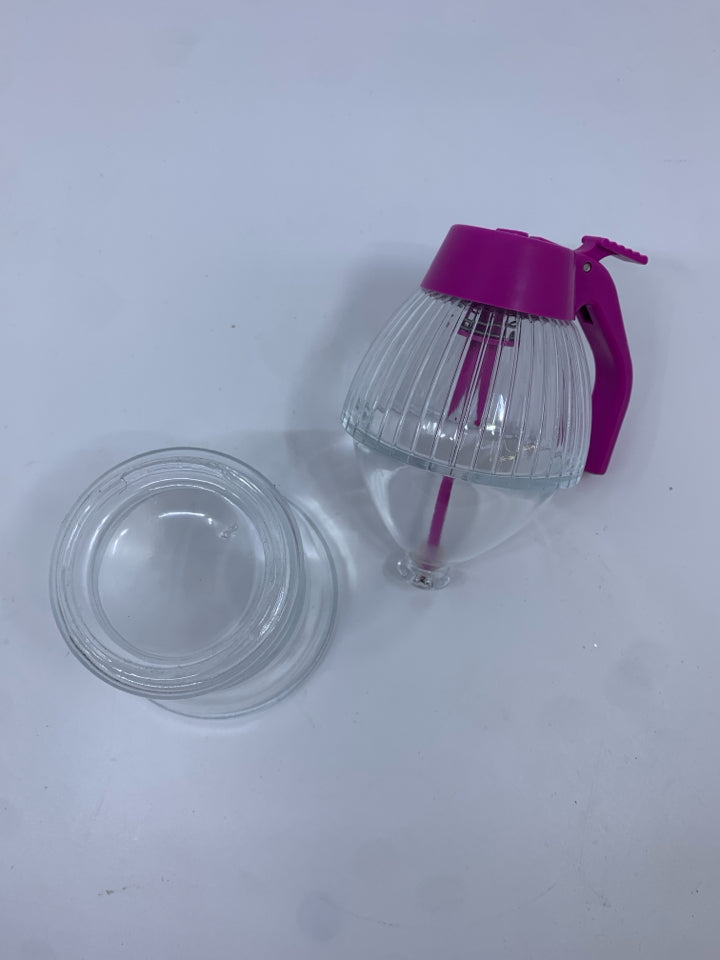 2PC GLASS HONEY/SYRUP DISPENSER W/PURPLE TOP.