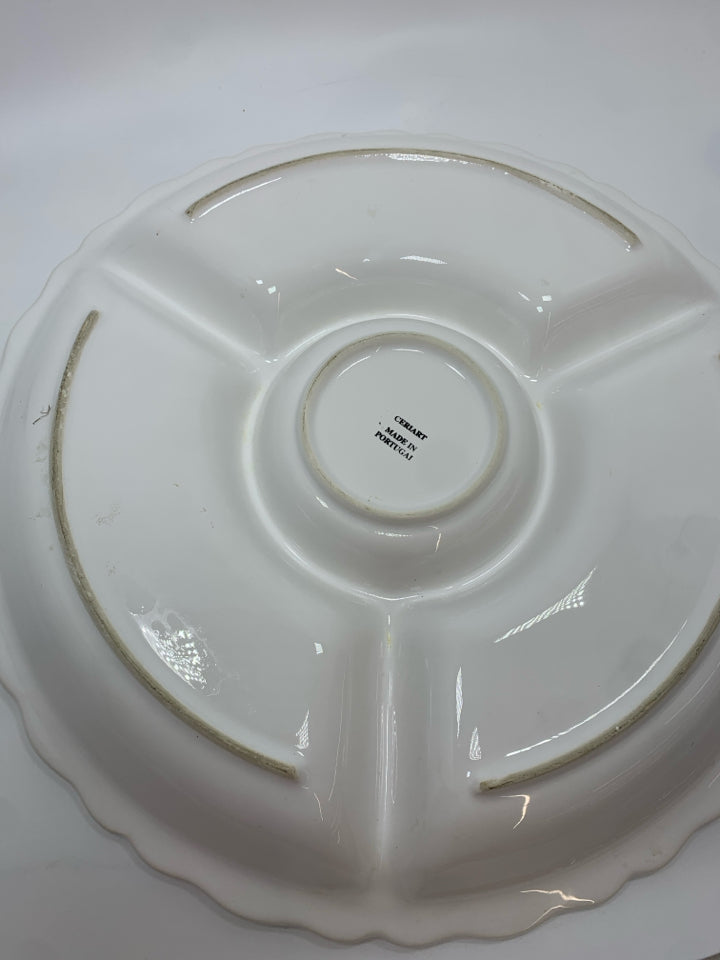WHITE CERAMIC DIVIDED SERVING PLATTER.