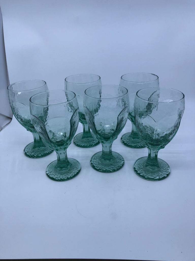 6 GREEN GLASS TINTED FOOTED WATER GLASSES.