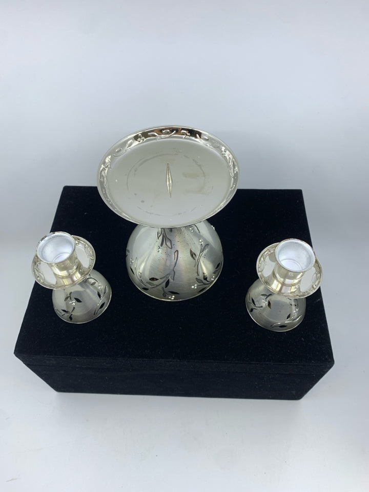 3PC SILVER UNITY CANDLE STICKS FLORAL CRYSTAL DESIGN IN BLACK VELVET BOX.