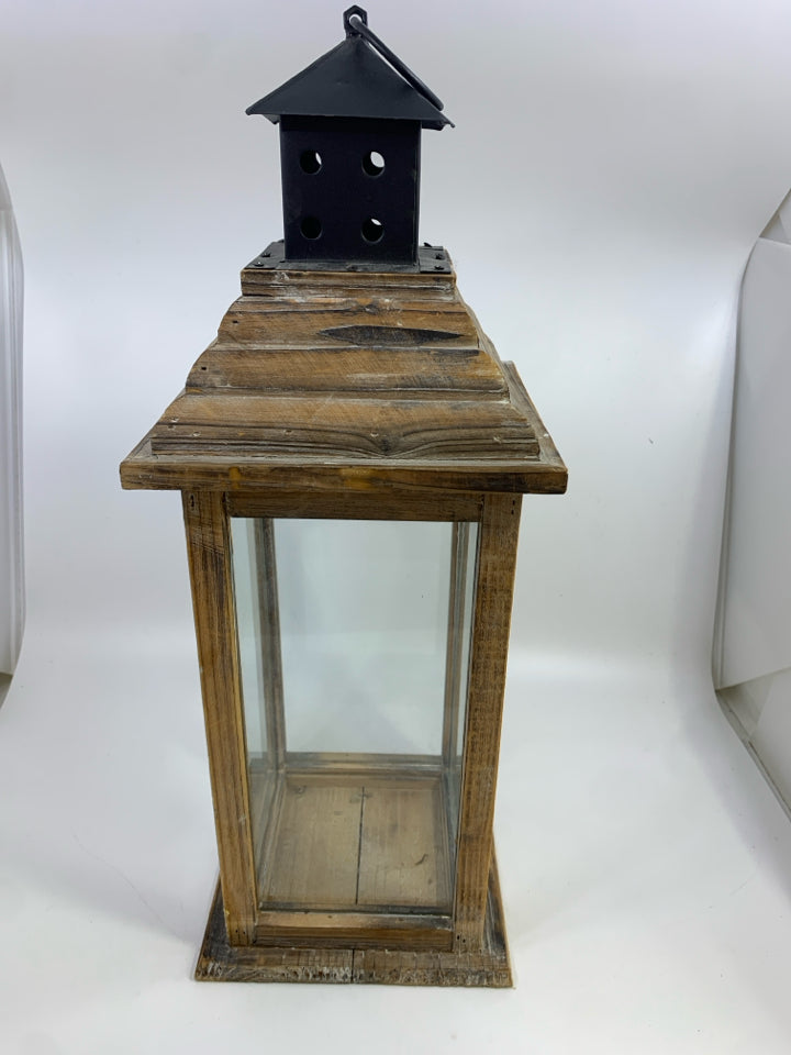WOODEN LANTERN CANDLE HOLDER W/METAL TOP.