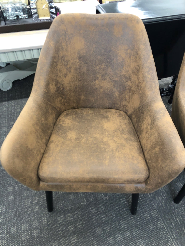 2 RUSTIC BROWN FAUX-SUEDE CHAIRS.