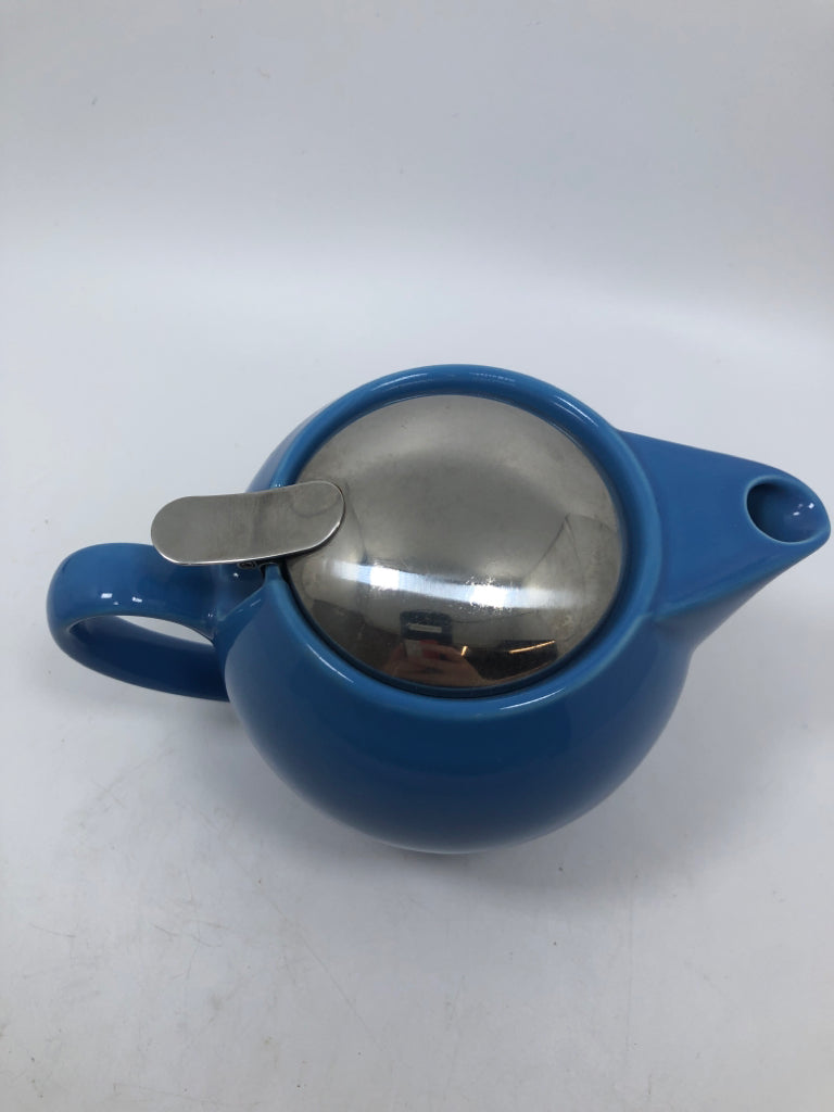 BLUE CERAMIC TEAPOT W/STAINLESS STEEL FLIP LID.