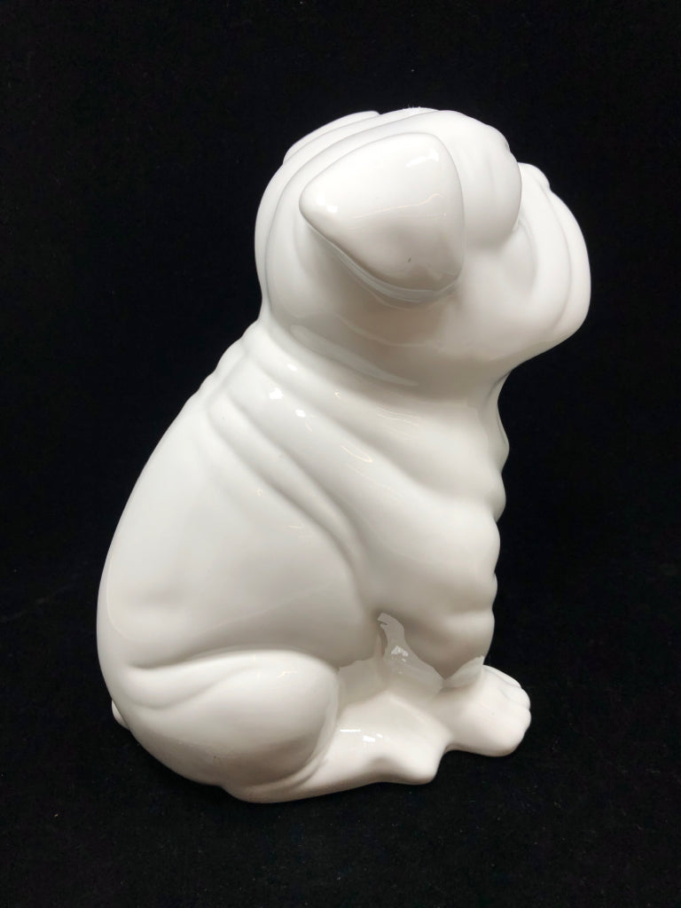 WHITE CERAMIC BULLDOG FIGURINE.