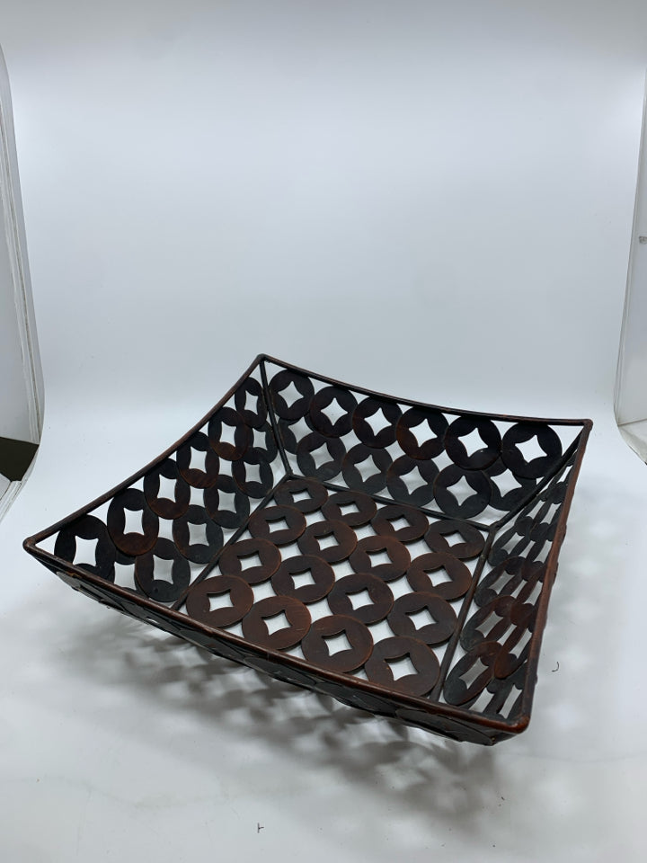 BROWN METAL TRAY W/CIRCLES.