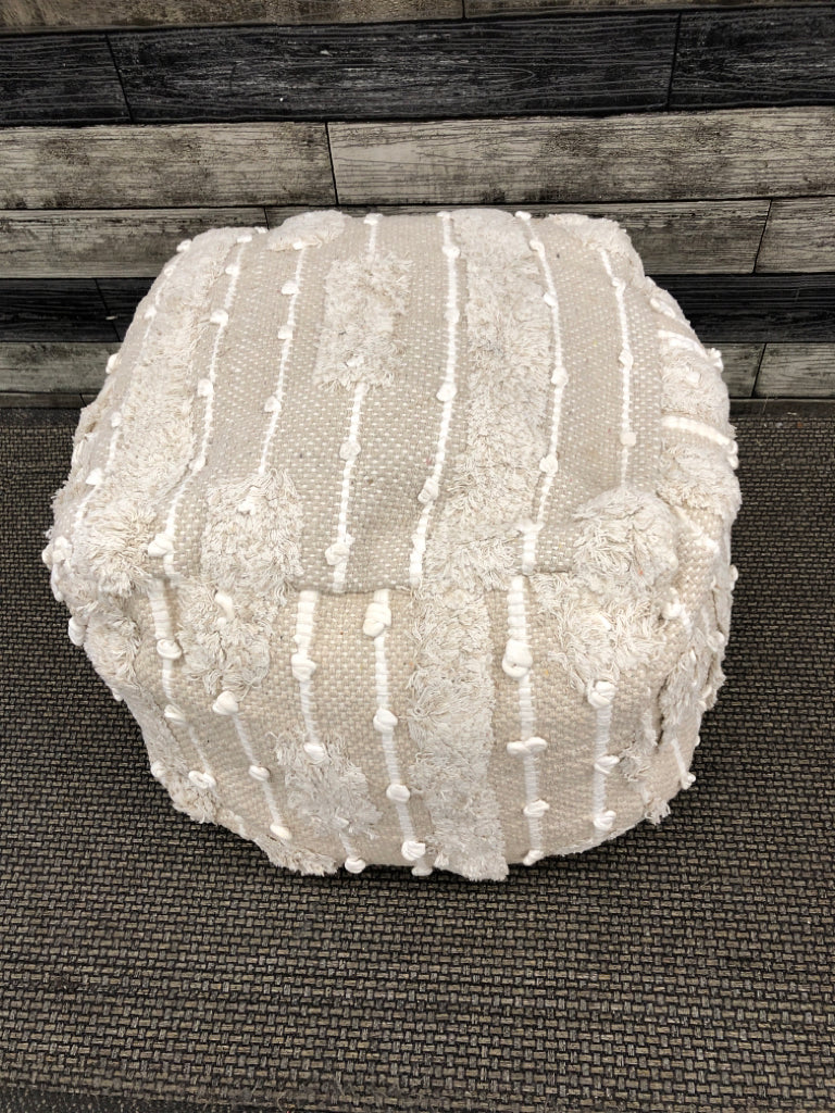 BEIGE TEXTURED COTTON WOVEN POUF OTTOMAN.