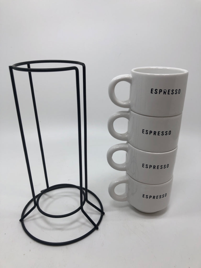 4 STACKED ESPRESSO CUPS IN BLACK HOLDER.