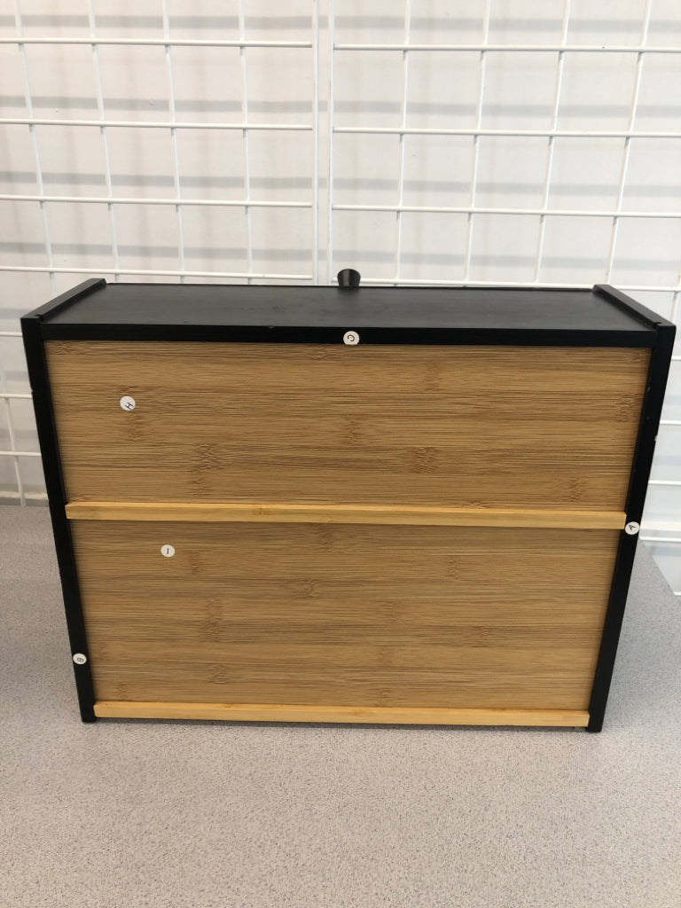 2-SECTION BLACK WOODEN BREAD BOX.