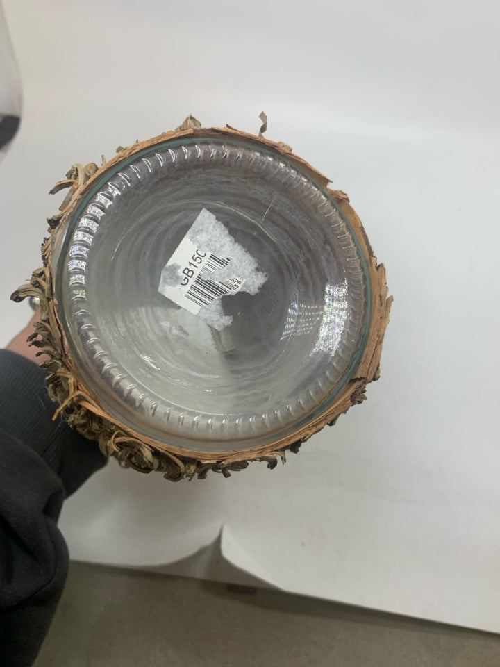 TREE BARK TEXTURED WRAPPED CYLINDER VASE.