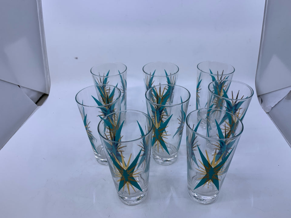 8 VTG MCM ATOMIC STARBURST "INCA" GOLD COCKTAIL TUMBLERS.