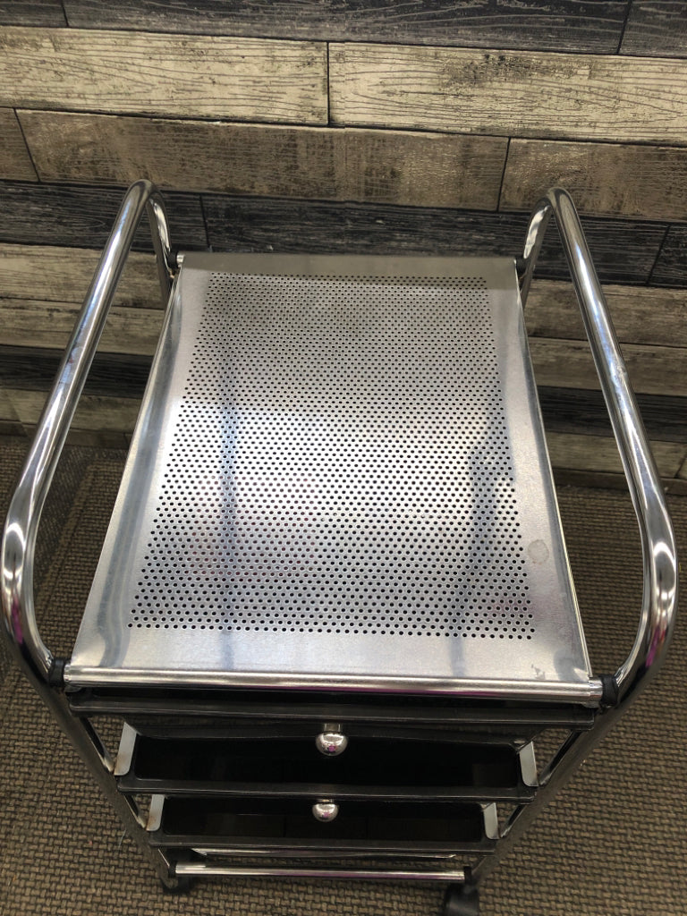3 TIER BLACK PLASTIC/SILVER METAL STORAGE ROLLING CART.
