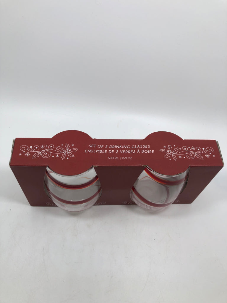 NIP 2 STEMLESS RED SWIRL WINE GLASSES.