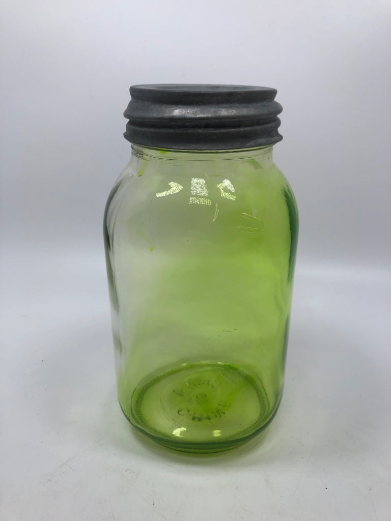GREEN GLASS MASON JAR W/GALVANIZED METAL LID.