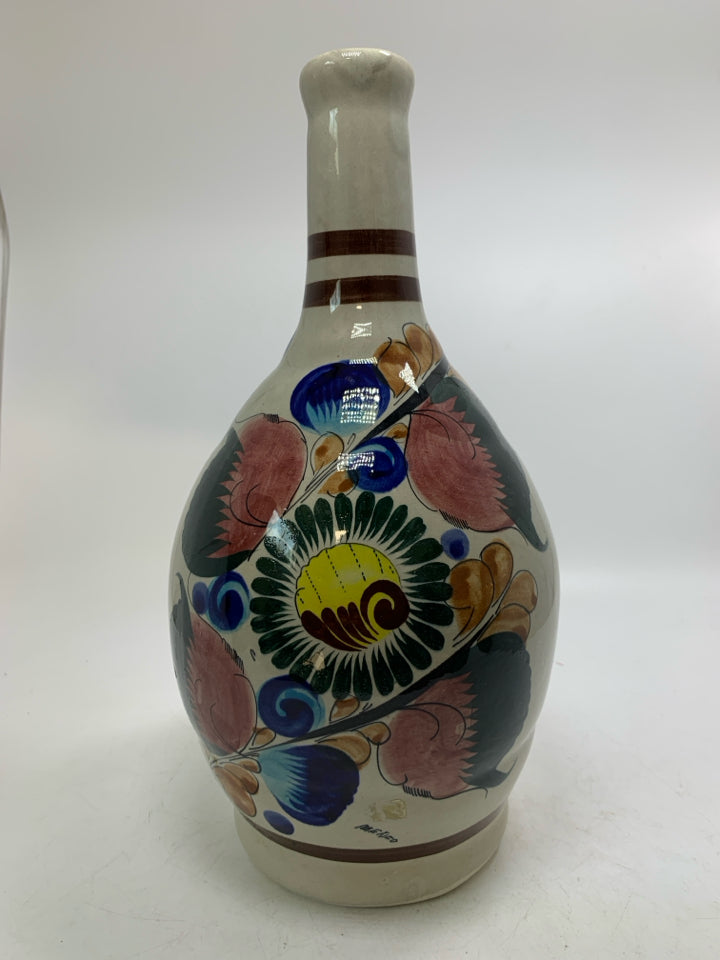 GREY VASE W/ COLORFUL DETAILS LONG NECK.