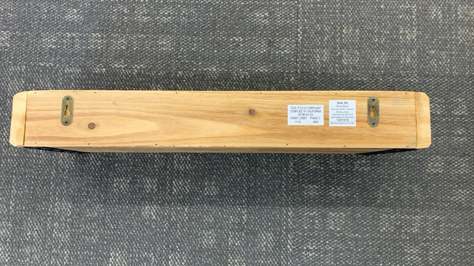 RUSTIC WOOD SHELF W/METAL DETAIL EDGE.