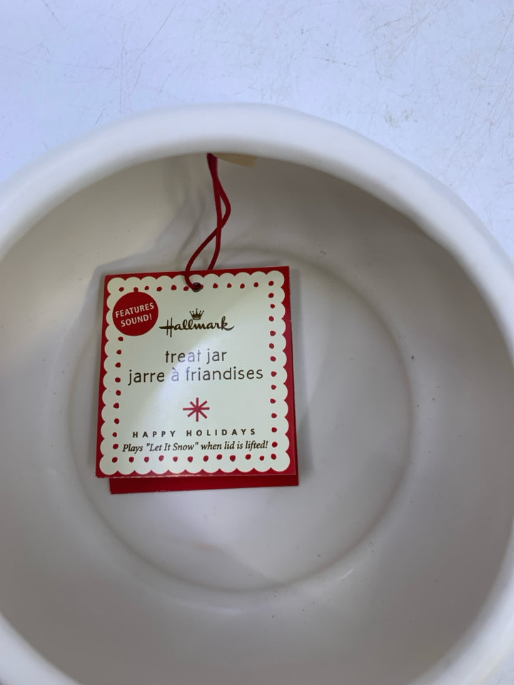 SNOWMAN CERAMIC COOKIE JAR RED HAT/GLOVES HALLMARK.