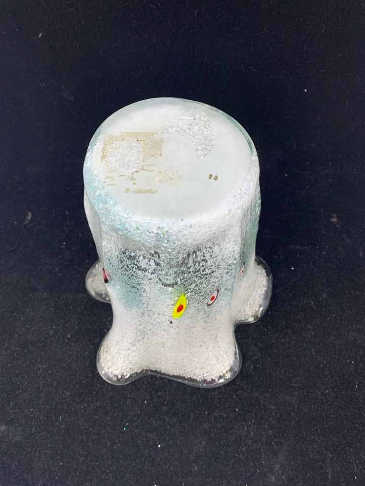 WAVY FROSTED VASE/CANDLE HOLDER W/ COLORED DESIGN.