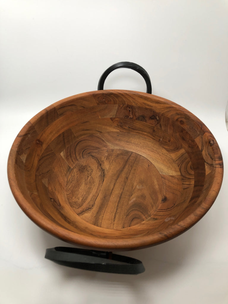 WOODEN SERVING BOWL W/ METAL HANDLES.