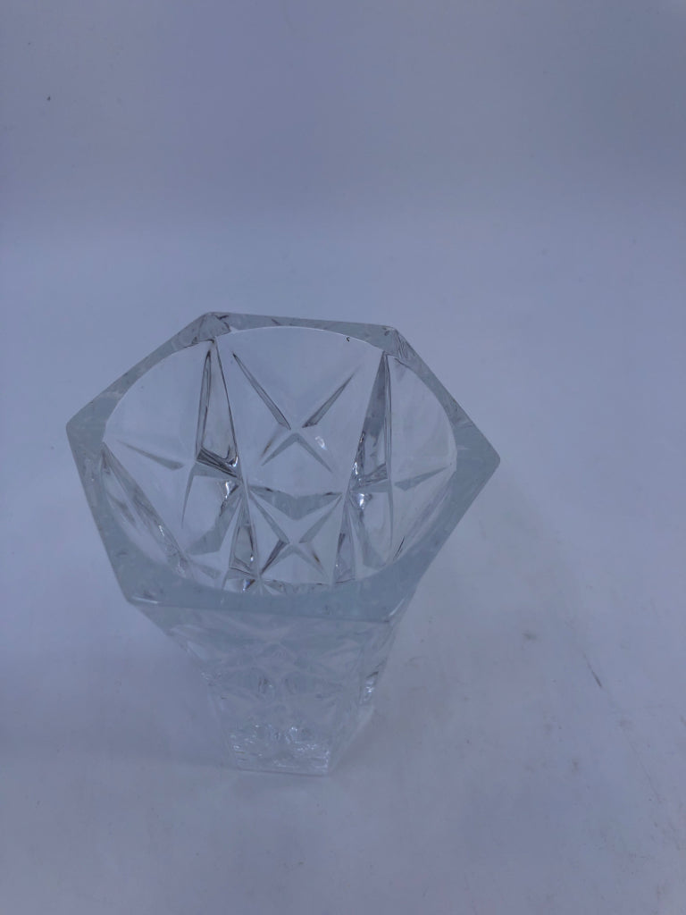 CUT CRYSTAL HEXAGON SMALL VASE.