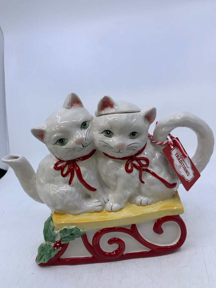 WHITE KITTENS ON SLED TEA POT.