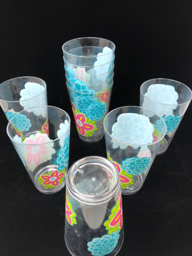 10PC BLUE & PINK FLOWER PLASTIC DRINKING CUPS.