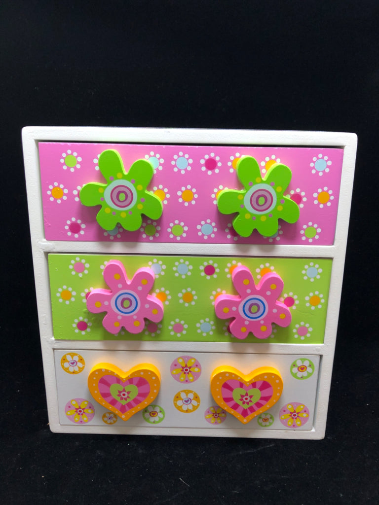 3 DRAWER FLOWER PAINTED JEWELRY BOX.