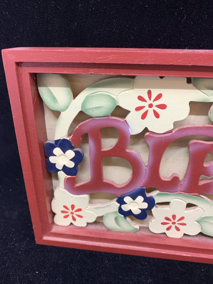 MAROON "BLESSINGS" CUT OUT FLORAL WALL HANGING.