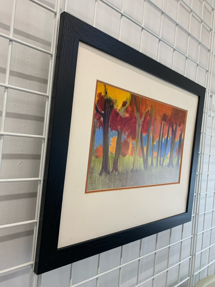ORANGE & RED TREE IN FIELD BLACK FRAME WALL HANGING.