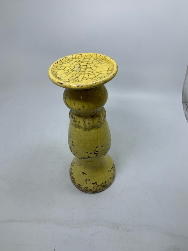RUSTIC YELLOW CRACKLE TALL CANDLE HOLDER.