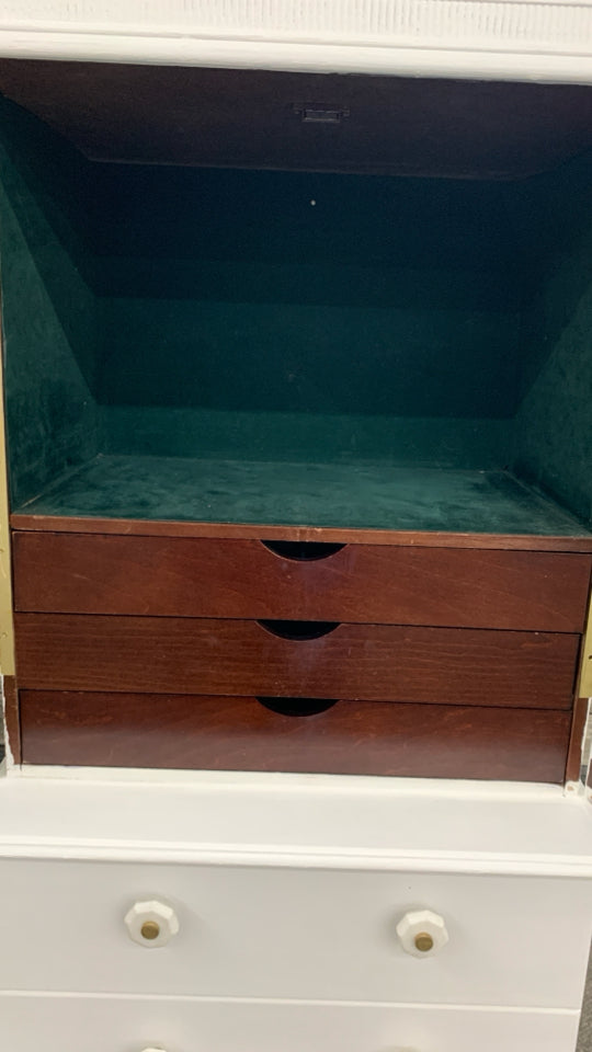 WHITE STORAGE JEWELRY ARMOIRE W/GREEN VELVET INTERIOR.