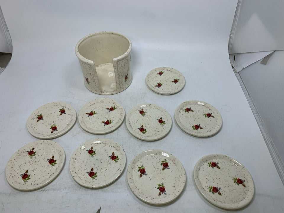 VTG 10 PC RED SPECKLED COASTER SET W/ ROSES 9 COASTERS & STAND.